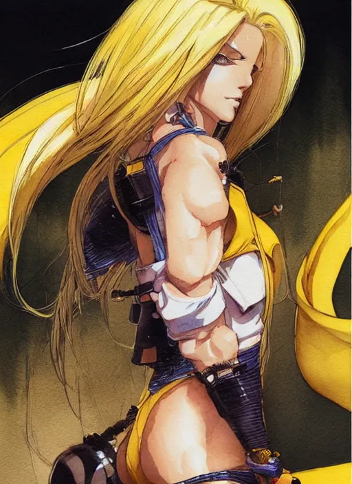 Image similar to Frontal portrait of a very beautiful muscular anime girl with tanned skin and cream colored hair wearing a yellow raincoat, watercolor, digital painting, art by Shirow Masamune Kenichi Sonoda Moebius and Katsuhiro Otomo, very detailed, sharp focus, cyberpunk, high quality, color manga panel, hard shadows