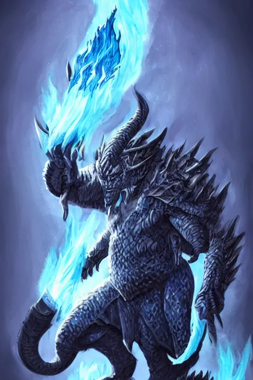 Prompt: a D&D character of a dark blue dragonborn with blue flame burning half his face, he has large tusks, he wears a black dragon scales armor, D&D concept art