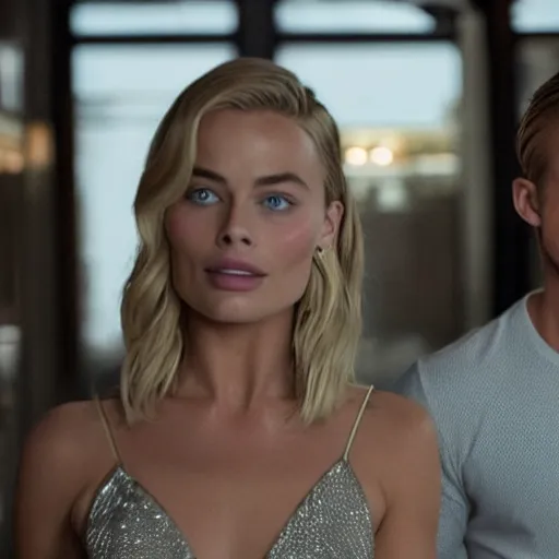 Image similar to still of ryan gosling and margot robbie, walking in human face