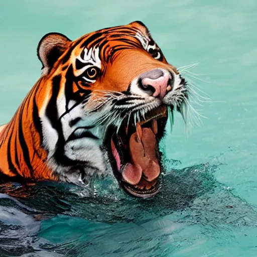 Image similar to dolphin with a tiger head,
