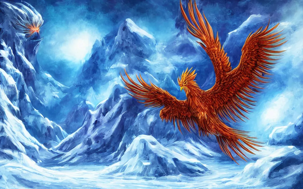 Image similar to game cg painting of a phoenix, a phoenix in a mountain range of ice and snow in nirvana