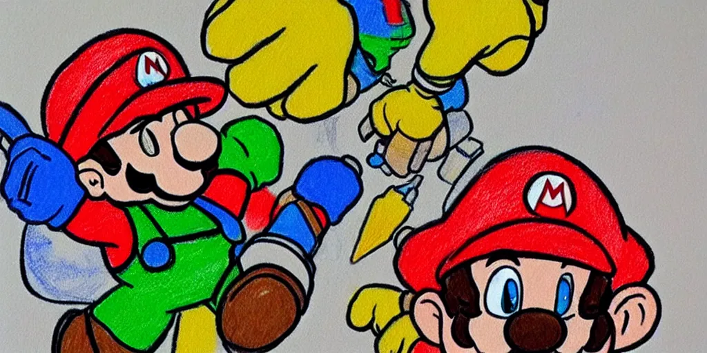 Prompt: mario drawn in crayon, highly detailed, realistic