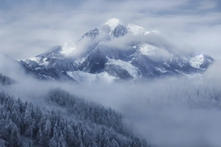 Image similar to taking from above, snowcapped mountain with lots of fog, high detail, photorealistic, good lighting, unbelievable.