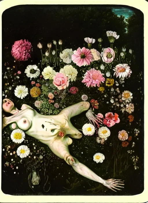 Prompt: beautiful and detailed rotten woman corpse made of plants and many types of stylized flowers like carnation, daisy, chrysanthemum, anemone, roses and tulips, intricate, surreal, john constable, gustave courbet, caravaggio, romero ressendi, bruno walpoth 1 9 1 0 polaroid photo