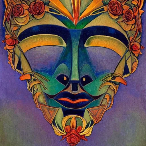 Image similar to masterpiece painting of a facemask made of stylized flowers, by annie swynnerton and jean delville and tino rodriguez and john watkiss and rufino tamayo, flower mask, art deco shaman, symbolist, dramatic lighting, god rays, elaborate geometric ornament, modern realism, clean crisp graphics, soft cool colors, smooth, sharp focus, extremely detailed