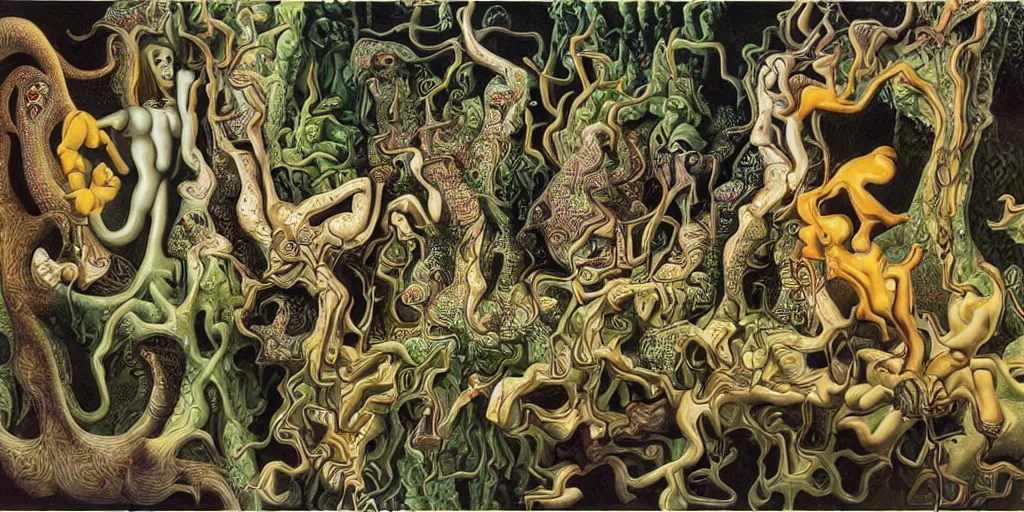 Image similar to basilisk, pain, pleasure, suffering, adventure, love, abstract oil painting by mc escher and salvador dali and raqib shaw