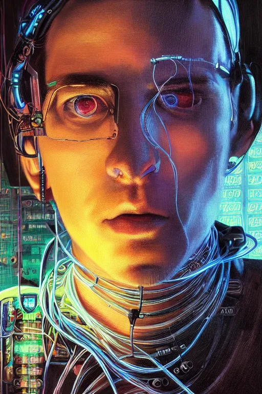 Prompt: stunning highly detailed portrait of a neuromancer hacker with cyber headgear surrounded by wires, neon colors, oil on canvas, strong lighting, by Greg Staples, by Glenn Fabry, by Josan Gonzalez, HD, 4K