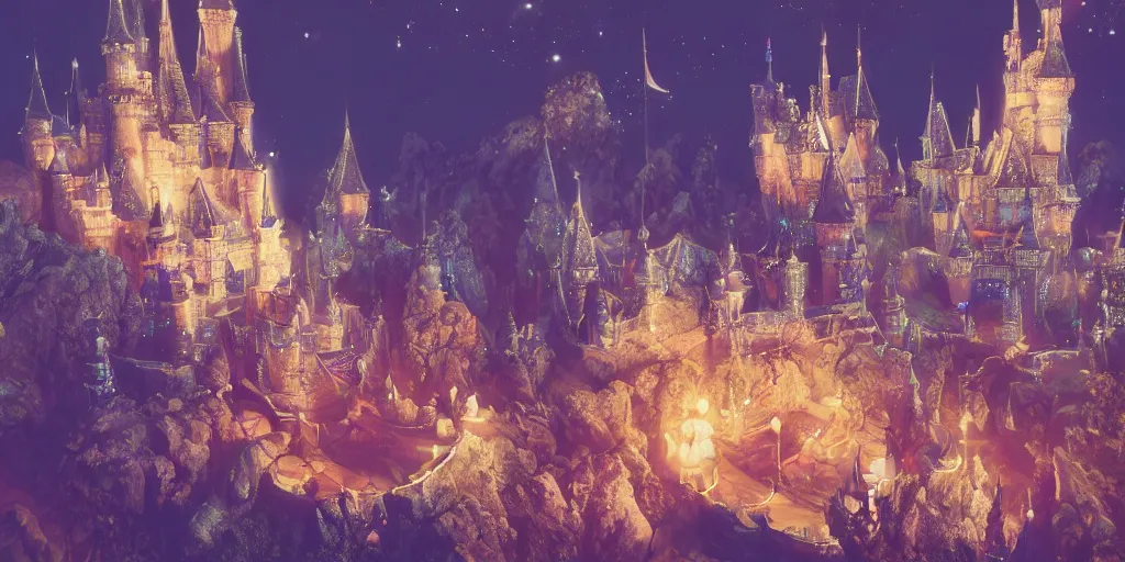 Image similar to a glittering fantasy castle at night, extremely detailed, Behrens style, unreal 5 render, fantasy digital art, octane render, beautiful composition, trending on artstation, award-winning photograph, masterpiece