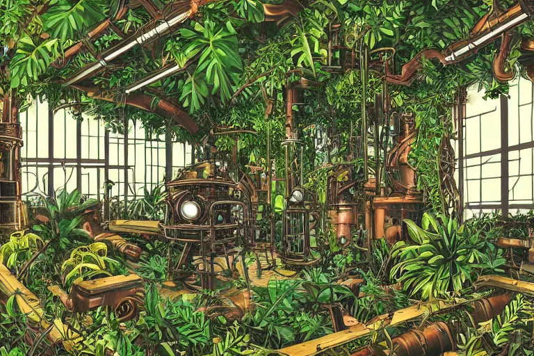 Prompt: Inside a steampunk machine room with lush vegetation growing around the machines, tropical trees, large leaves, flowers, space showing thought the windows, beatifully lit, vintage science fiction illustration
