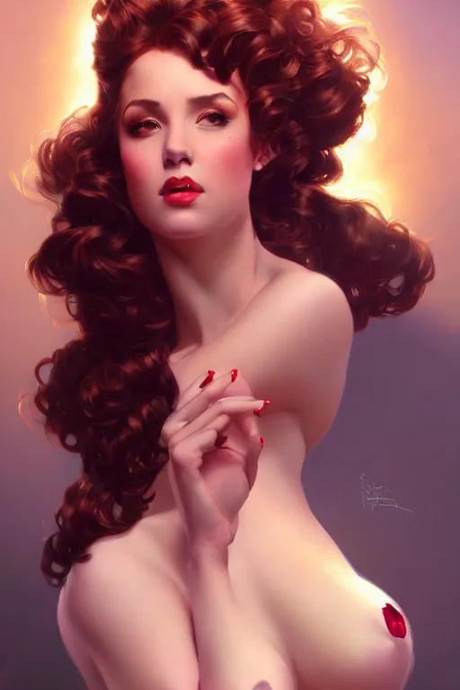 Image similar to a beautiful voluminous woman burlesque dancer on a stage, portrait, highly detailed, digital painting, artstation, concept art, smooth, sharp focus, illustration, cinematic lighting, art by artgerm and greg rutkowski and alphonse mucha