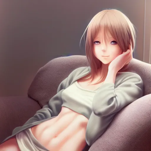 Image similar to beautiful serene intricate portrait of a realistic anime girl, smiling softly, wearing casual clothes, relaxing on the couch, interior lighting, cozy living room interior, soft focus, 8 k, art by irakli nadar, hyperrealism, hyperdetailed, ultra realistic