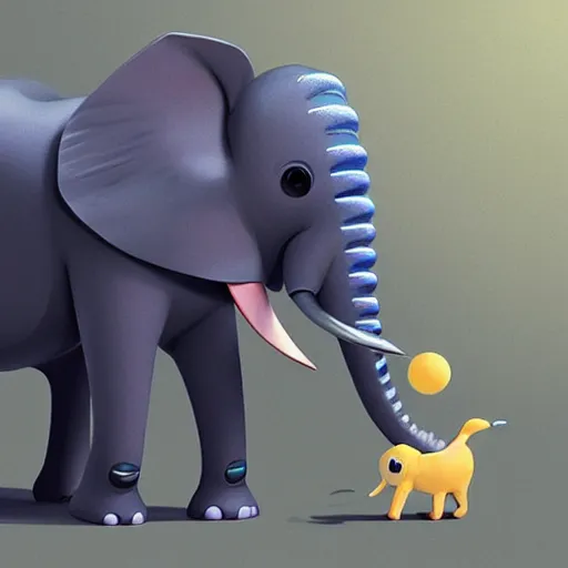 Image similar to cute elephant, playing with an alien boy, artwork by goro fujita,