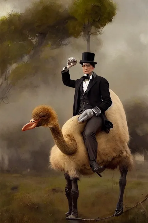 Image similar to portrait of a respectable dignified royal business elite politician wearing a top hat and coat tails riding on an ostrich, art by anders zorn, wonderful masterpiece by greg rutkowski, beautiful cinematic light, american romanticism by greg manchess, jessica rossier