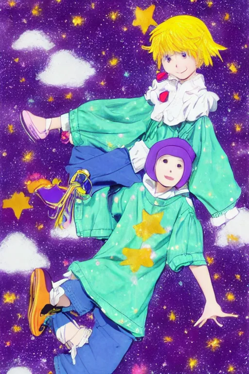 Prompt: Full body shot of a happy teenage girl posing with short blond hair and freckles wearing an oversized purple Beret, Purple overall shorts, jester shoes, and white leggings covered in stars. Surrounded by clouds and the night sky. Rainbow accents on outfit. Soft Lighting. By Rumiko Takahashi. By Naoko Takeuchi. By CLAMP. By WLOP.