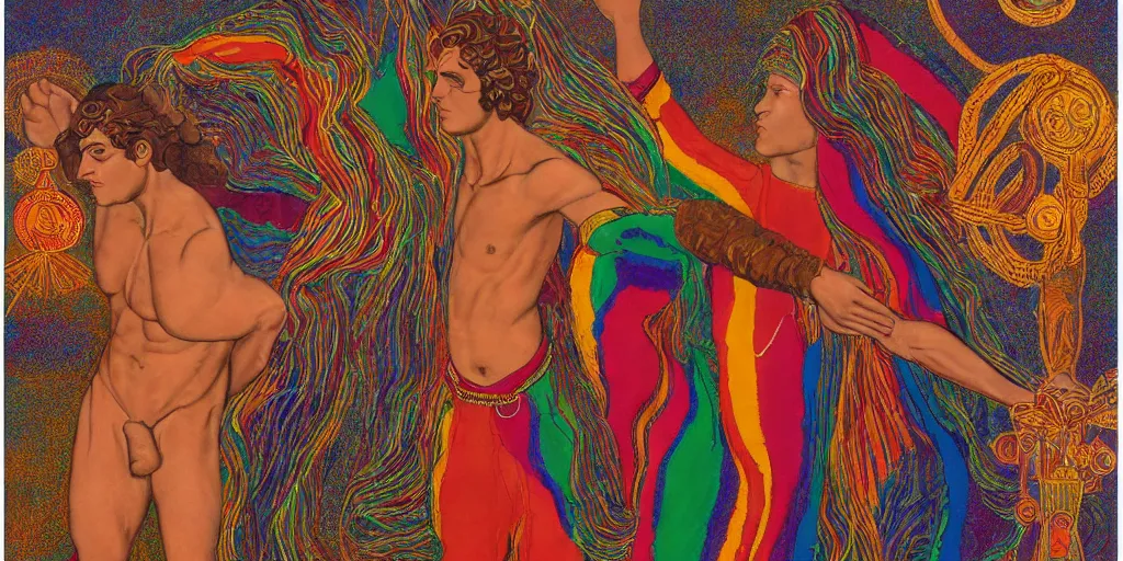 Image similar to an abstract spiritual background, a gay greek god dancing, clear eyes. 2 4 mm, photorealistic, muted color scheme, directed by mati klarwein