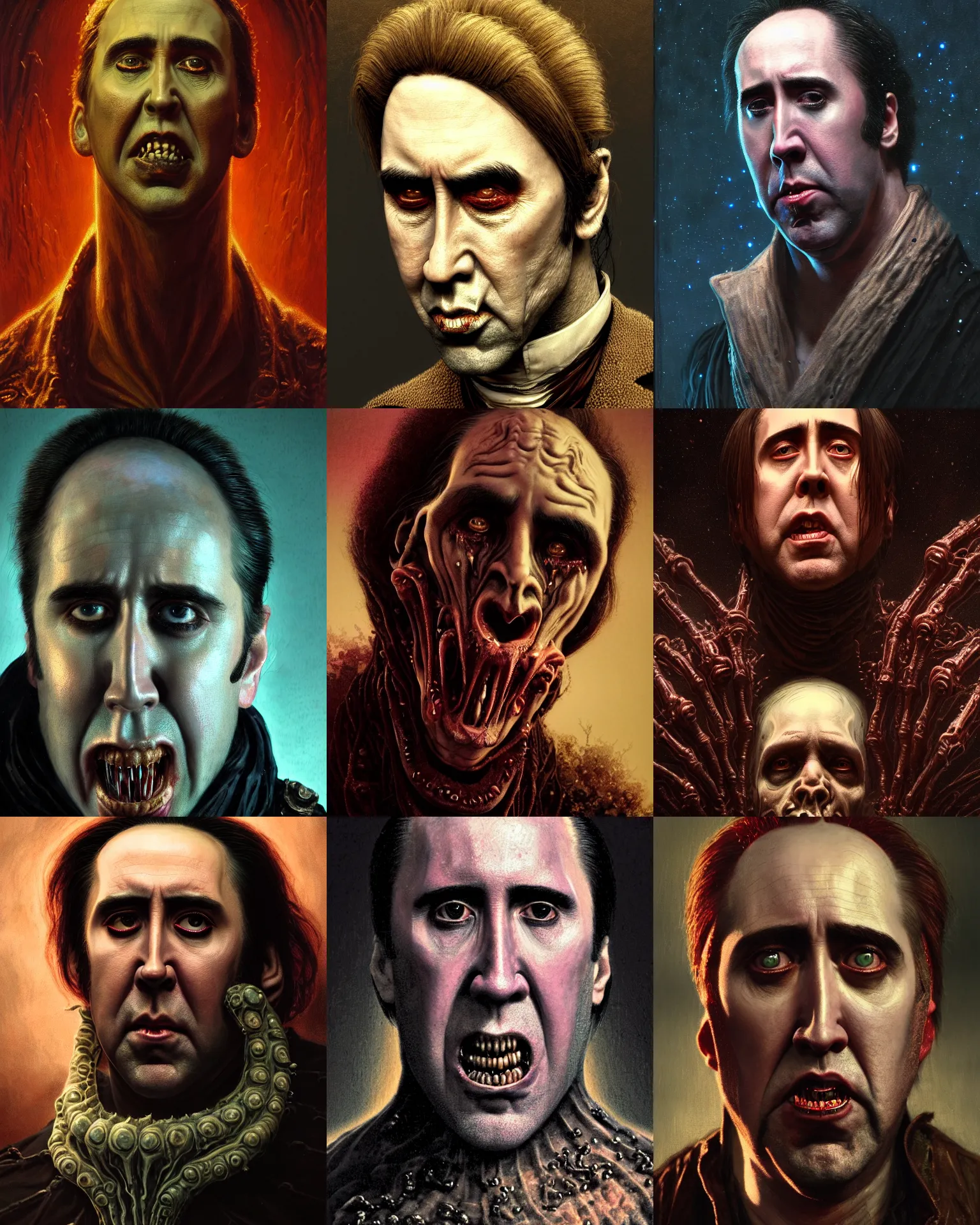Prompt: stunning portrait of grotesque and horrifying nicolas cage, victorian era, lovecraftian horror, cosmic horror!! cinematic lighting, horror fiction, digital art, winning award masterpiece, fantastically beautiful, aesthetically inspired by wayne barlowe and gerald brom, trending on artstation, art by greg rutkowski and h r giger, octane render, 8 k,
