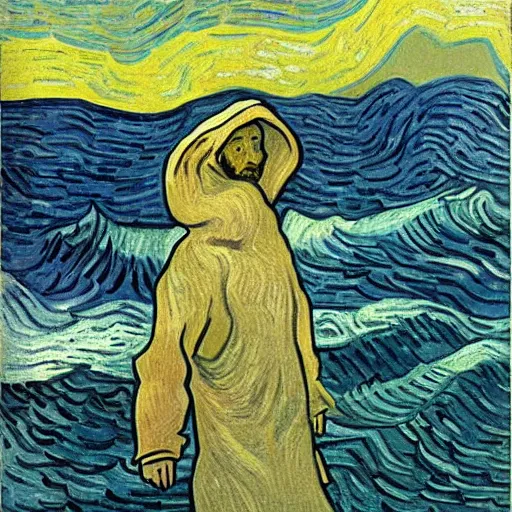 Image similar to a guy with white hoodie in the abyss of the sea, very deep, by van gogh