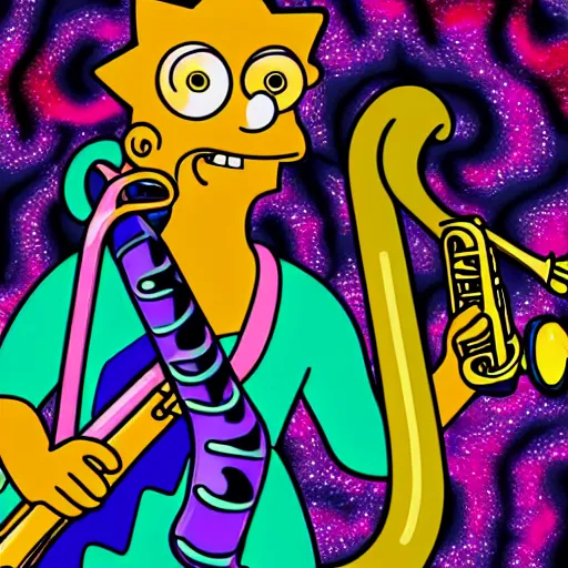 Image similar to Lisa Simpson falling into a giant saxophone, psychedelic art, uhd, matte painting