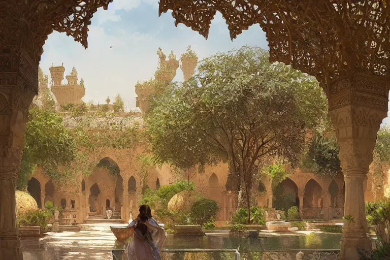 Prompt: almohad palace gardens, highly detailed, digital painting, artstation, concept art, sharp focus, illustration, art by artgerm and greg rutkowski and alphonse mucha