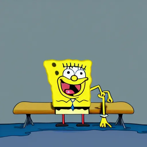 Prompt: spongebob with a sad!!! expression slouching on a bench in the bikini bottom, global illumination!!! dim lighting, sad litghting, sad mood, blue, midnight, cinematic, extremely detailed, beautiful, stunning composition, beautiful light rays, trending on artstation
