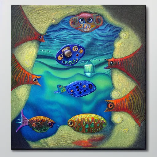 Prompt: weird fishes at the bottom of the earth, surrealist painting, oil on canvas, layered texture, shimmering, translucent,