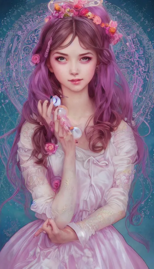 Image similar to portrait of magical lolita girl, dreamy and ethereal, expressive pose, big pink eyes, exciting expression, fantasy, intricate, elegant, many rainbow bubbles, rose tones, highly detailed, digital painting, artstation, concept art,cyberpunk wearing, smooth, sharp focus, illustration, art by artgerm and greg rutkowskiand alphonse mucha