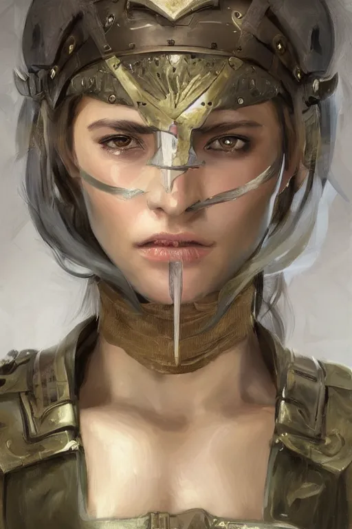 Image similar to a professionally painted portrait of an attractive young woman, clothed in military armor, olive skin, long dark hair, beautiful bone structure, symmetrical facial features, intricate, elegant, digital painting, trending on Artstation, concept art, smooth, sharp focus, illustration, from Metal Gear by Ruan Jia and Mandy Jurgens and Artgerm and William-Adolphe Bouguerea, award winning