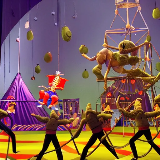 Prompt: claymation style circus, human performers on right, giant insects in audience on left, hyper detailed, dramatic lighting, by Nick Park and Peter Lord