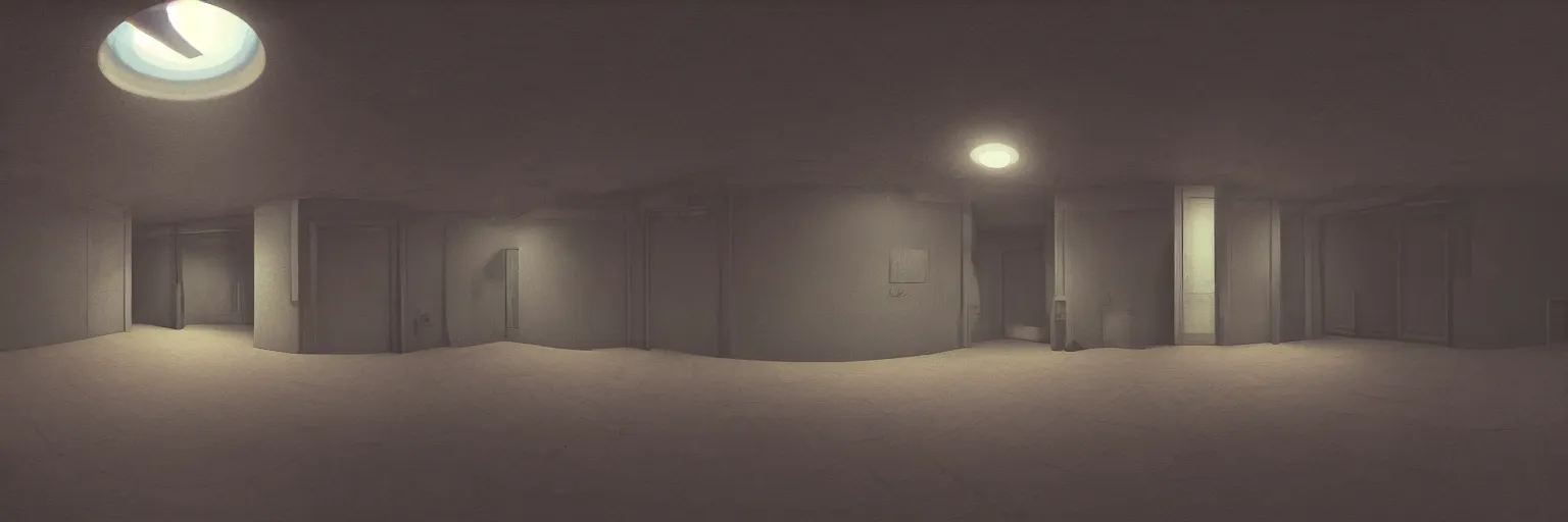 Prompt: dimly lit, theatre access corridor background, 3 doors, fish eye, rendered by Beeple, by Makoto Shinkai, flat style