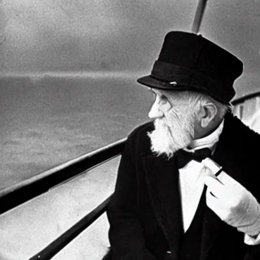 Prompt: an old man on the ship titanic, smoking cigarette, watching an approaching iceberg, old historic photograph