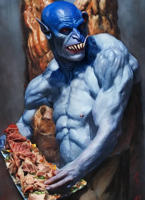 Image similar to upper body portrait of blue-faced nosferatu eating a pile of meat, by dean cornwell, photoreal, character concept art, artstation