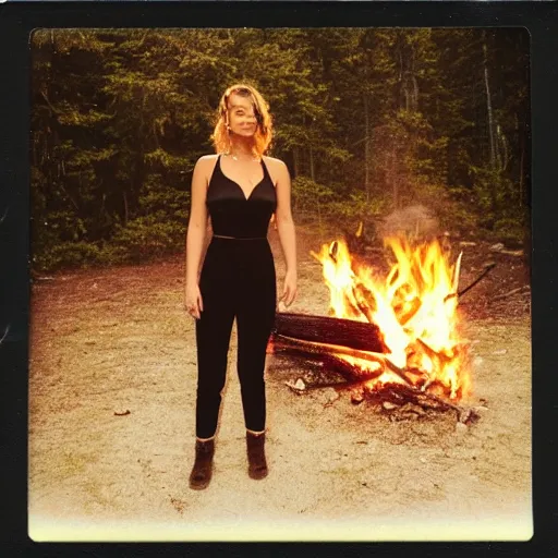 Prompt: polaroid shot of jennifer lawrence smoking at a campfire