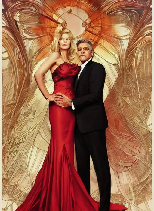 Image similar to george clooney wearing a formal black suit and kim basinger wearing a red dress, affectionate sitting together, highly detailed, focus stacked, candid portrait, art by artgerm and greg rutkowski and alphonse mucha