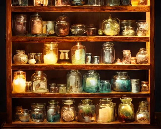 Prompt: a large wood display cabinet filled with lots of different items in magical glowing jars in different colors, a still life by seb mckinnon, artstation, neoplasticism, lovecraftian, artstation hq, award winning photography 4 k 8 k 1 6 k