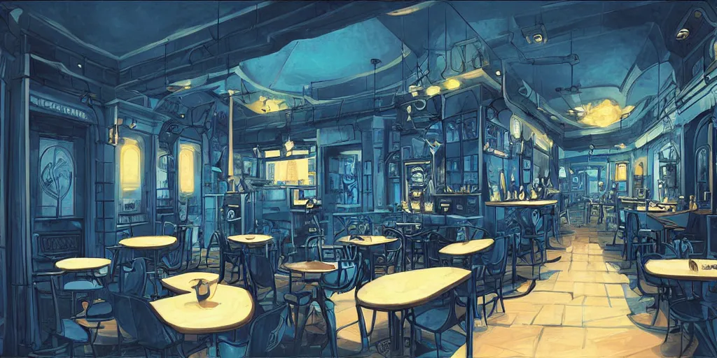 Image similar to cafe interior, blue and black tones, fantasy art, 2 d game art