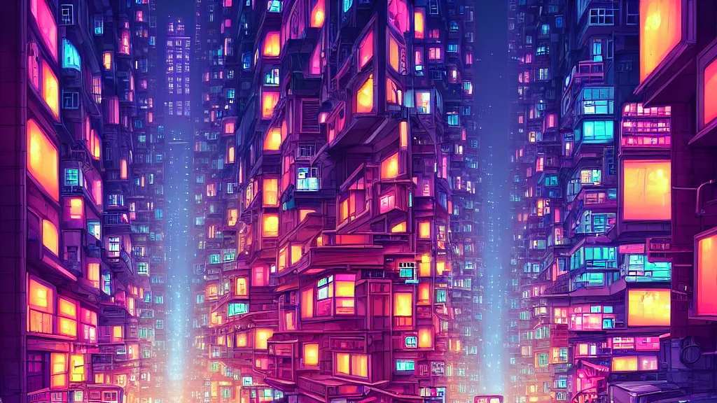 Prompt: street level view looking down the street of futuristic hong kong city at night by cyril rolando and naomi okubo and dan mumford and ricardo bofill. advertisements. neon. tower blocks.