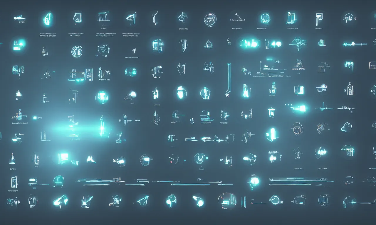 Prompt: futuristic application icons, GUI, software ICONS, operating system icons, design, modern, cinematic lighting, cinematic composition, in blade runner style