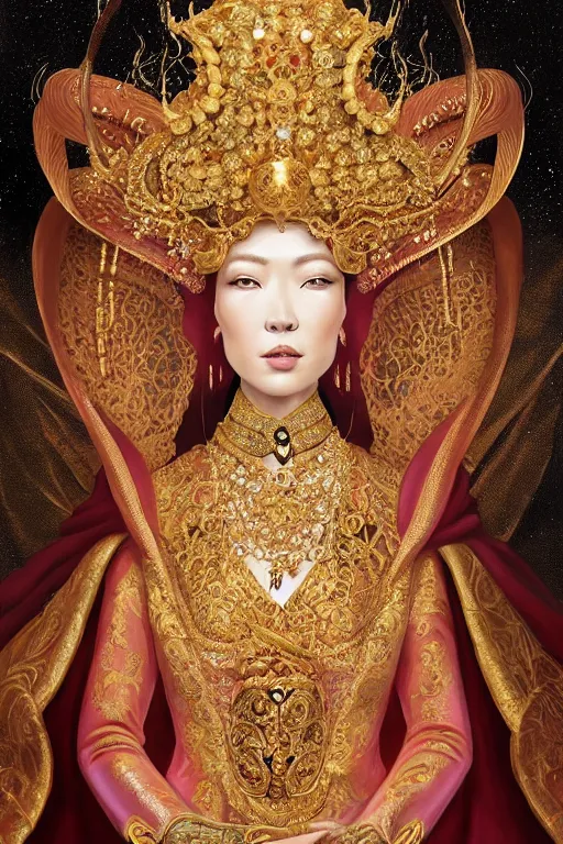 Image similar to a beautiful empress portrait, with a brilliant, impossible striking shiny big gold headpiece, gold clothes, rococo, baroque, jewels, asian, realistic, closeup, D&D, fantasy, intricate, elegant, highly detailed, digital painting, artstation, octane render, 8k, concept art, matte, sharp focus, illustration, art by Artgerm and Greg Rutkowski and Alphonse Mucha