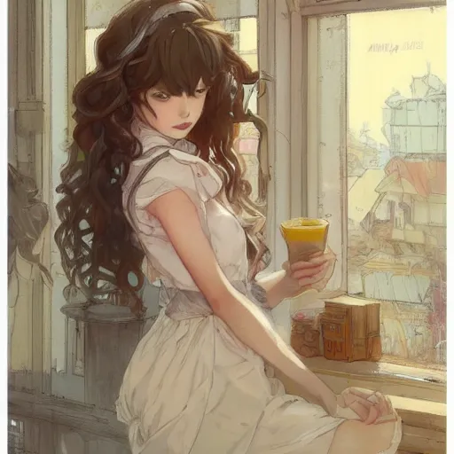 Image similar to A girl in a maid's outfit in a cafe a afternoon, wavy hair yellow theme,S line,45 angel by krenz cushart and mucha and greg rutkowski and anti - H764