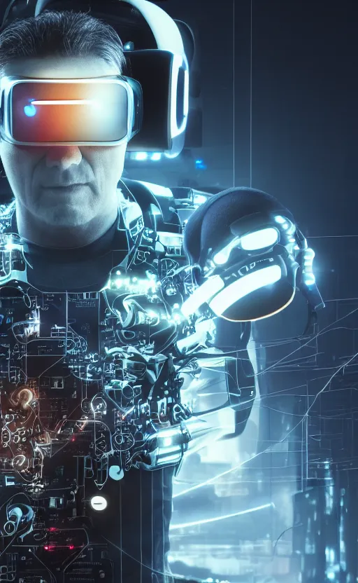 Image similar to a beautiful photo of a middle - aged bionic male cyborg, cyberpunk, circuit boards, electronic components, integrated vr headset, augmented vision, volumetric light, photography, dynamic lighting, color, intricate, extremely detailed, photorealistic, stunning, unreal engine 5