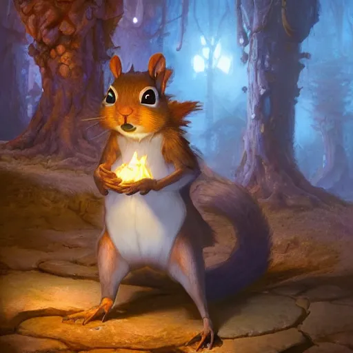 Prompt: squirrel magician, arcainist, by justin gerard and greg rutkowski, dnd, character design, blue lights, unreal engine, photorealistic, 4 k