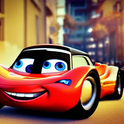 Prompt: Cars movie characters in real life, realistic photo, f/1.8 cinematic HDR lens