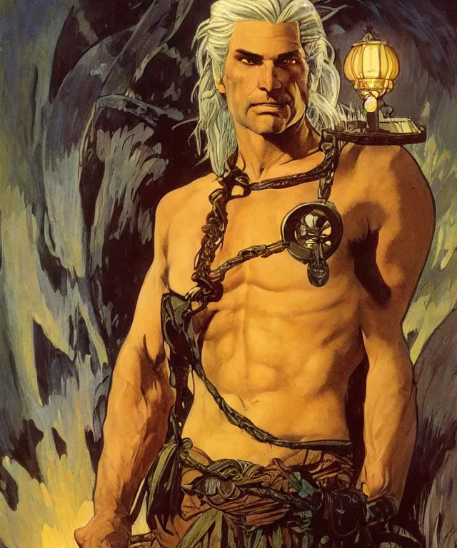 Prompt: an aesthetic! a detailed portrait of a geralt of rivia, holding a lantern by frank frazetta and alphonse mucha, oil on canvas, art nouveau dungeons and dragons fantasy art, hd, god rays, ray tracing, crisp contour lines, huhd