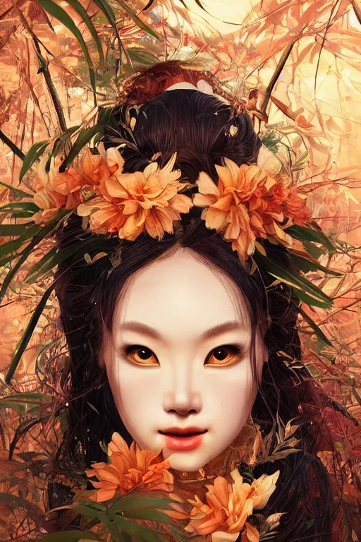 Image similar to stunningly beautiful, drunken geisha prima ballerina in jungle, symmetrical face, golden hour, smooth, focus, highly detailed, hyper realistic, dramatic lighting, elegant, intricate, concept art, art by wlop, mars ravelo, greg rutowski, artstation