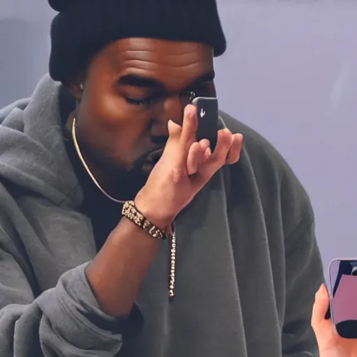 Image similar to Kanye West checking his phone 4K quality super realistic