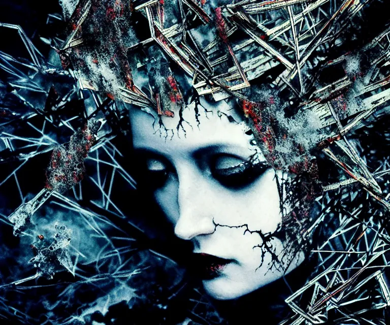 Prompt: aerial photo stunning otherworldly gothic goddess of ice fire, dark and mysterious, atmospheric, ominous, eerie, cinematic, epic, 8 k, 4 k, ultra detail, ultra realistic, rendered by awesomeness. nights falling wind is blowwing snow is pilling concept art in style of carne griffiths artwork by xsullo el anatsui