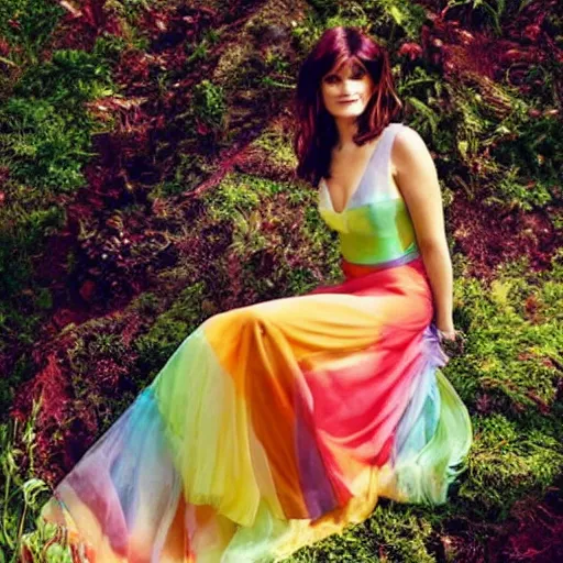 Image similar to picture of gemma arterton wearing a long rainbow wedding gown, sitting in a colorful forest