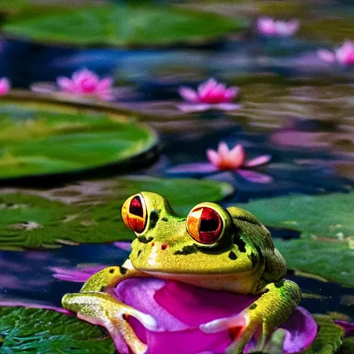 Image similar to fantasy art, close - up of a crowned prince frog in a small crown!!! crown crown crown in the pond with water lilies, shallow depth of field, highly detailed, autumn, rain, masterpiece, matte painting, sharp focus, matte painting, by isaac levitan, by monet, asher brown durand,