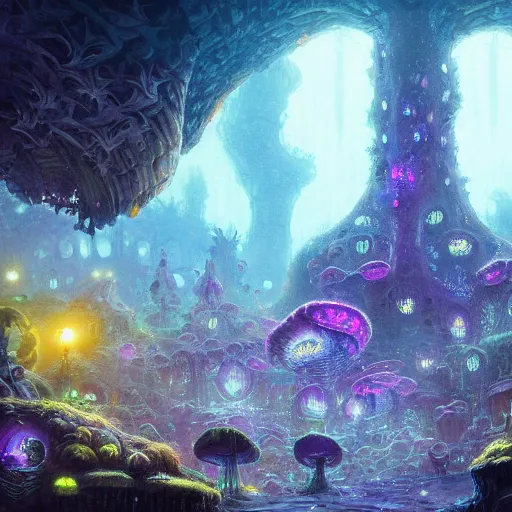 Image similar to concept art detailed painting of a dark purple fantasy fairytale fungal town made of mushrooms, with glowing blue lights, in the style of jordan grimmer and neil blevins and wayne barlowe