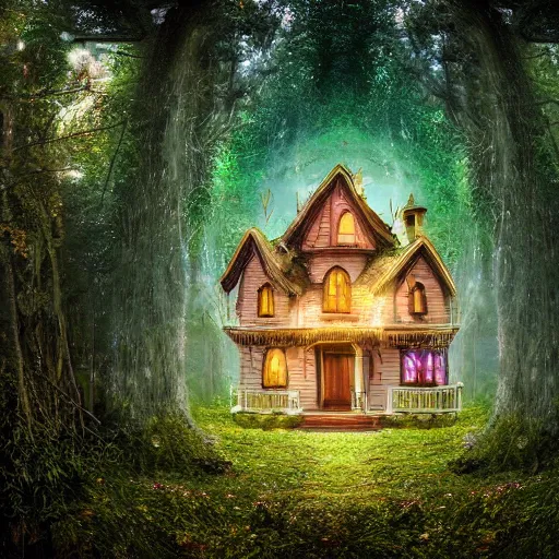 Prompt: Angelic and magical fantasy house in an enchanted forest filled with bright magic mushrooms and lush grasses Slow motion photography. AF-S NIKKOR 10-200mm F2.8G ED & Digital Art. 4k. Award-winning action shot.